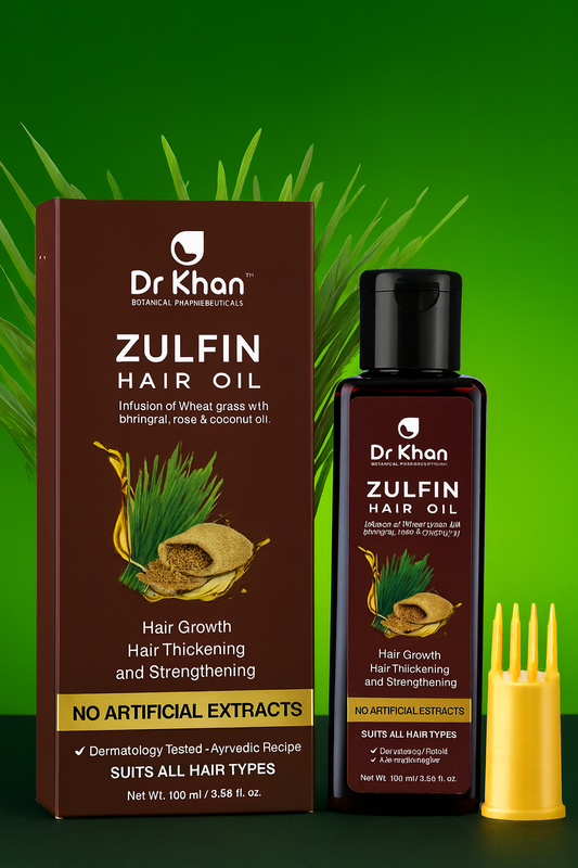 Dr. Khan’s Zulfin Hair Oil – Herbal Infusion with Wheatgrass, Bhringraj, Rose & Coconut Oil | Hair Growth, Thickening & Strengthening (100ml)