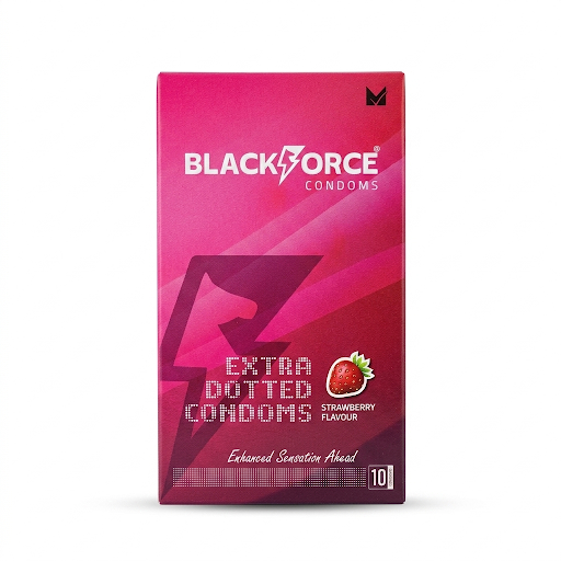 Black Force Extra Dotted Strawberry Flavoured Condoms – 10 Pack | Enhanced Sensation & Smooth Comfort